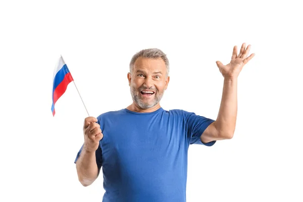 Homem Maduro Feliz Com Bandeira Rússia Fundo Branco — Fotografia de Stock