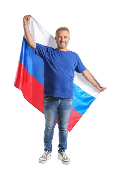 Handsome Mature Man Flag Russia White Background — Stockfoto