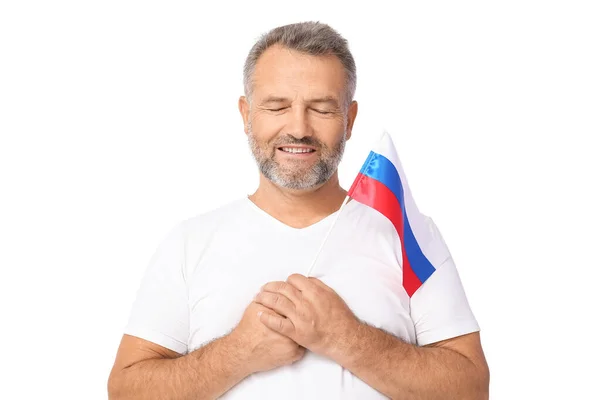 Knappe Volwassen Man Met Vlag Van Rusland Witte Achtergrond — Stockfoto