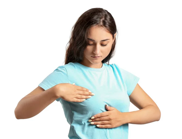 Young Woman Feeling Discomfort Her Breast White Background Cancer Awareness — Stock Fotó