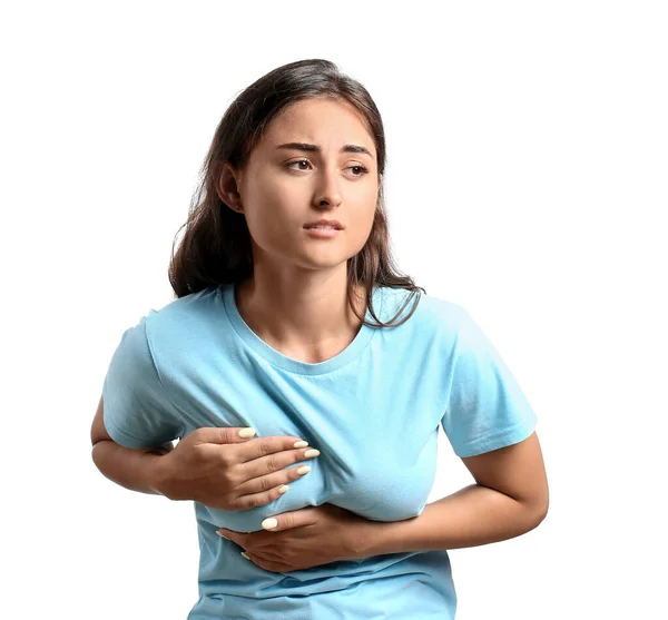 Young Woman Feeling Discomfort Her Breast White Background Cancer Awareness — Stock Fotó