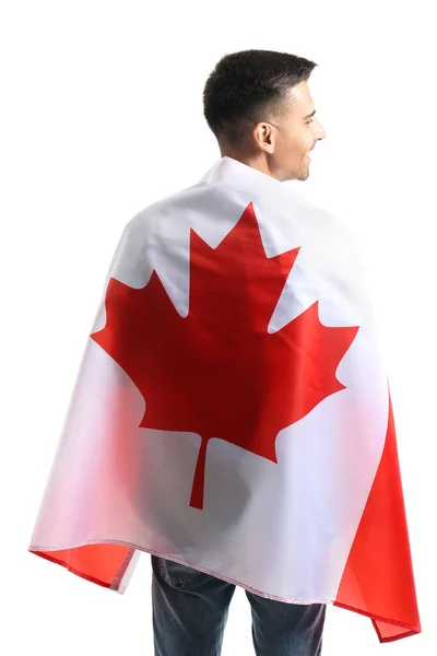 Молодой Человек Канадским Флагом Изолирован Белом — стоковое фото