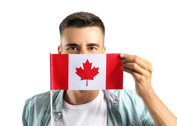 Kanada Bayrağı Taşıyan Genç Adam Beyazlara Izole Edilmiş — Stok fotoğraf
