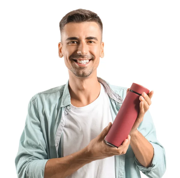 Joven Guapo Con Termo Sobre Fondo Blanco — Foto de Stock