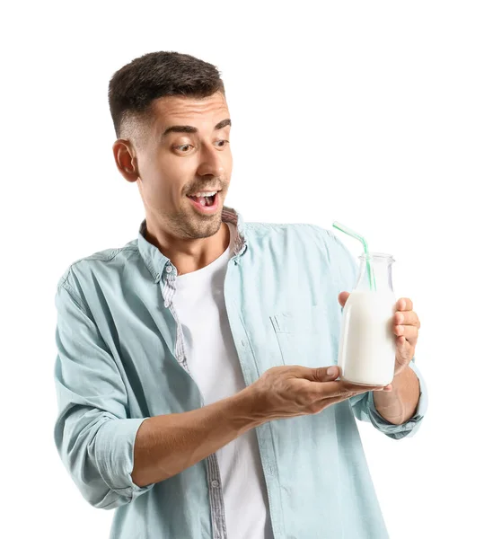 Joven Sorprendido Con Botella Leche Sobre Fondo Blanco — Foto de Stock