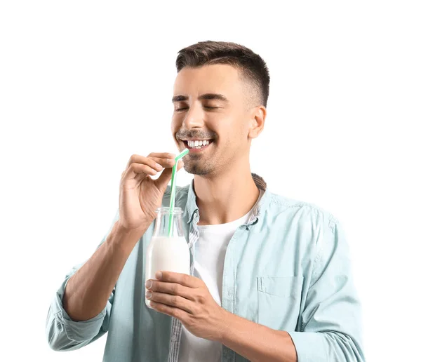 Junger Mann Mit Einer Flasche Milch Auf Weißem Hintergrund — Stockfoto