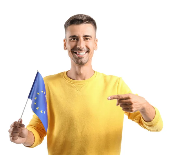 Ung Man Med Europeiska Unionens Flagga Vit Bakgrund — Stockfoto