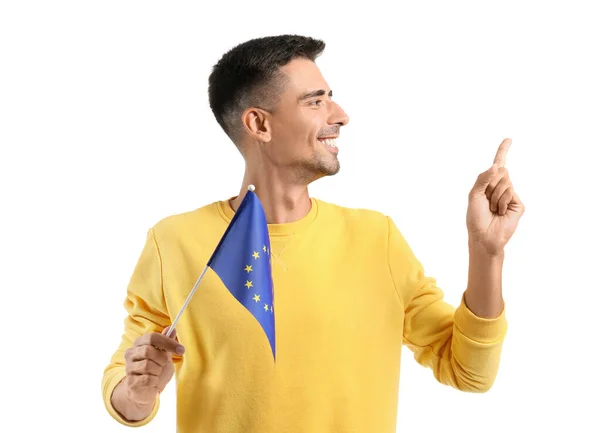 Jeune Homme Avec Drapeau Union Européenne Pointant Quelque Chose Sur — Photo