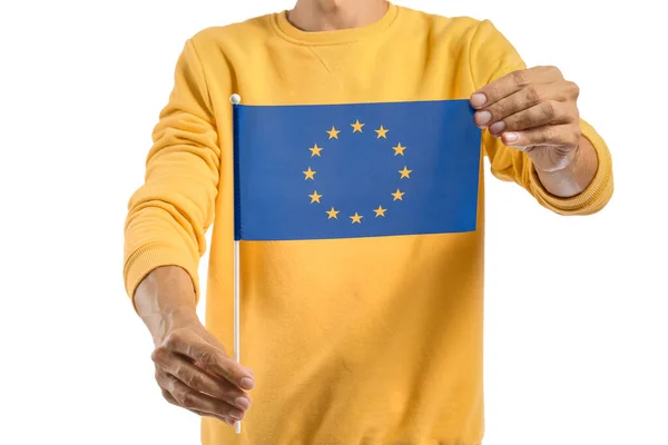 Νεαρός Σημαία Ευρωπαϊκής Ένωσης Λευκό Φόντο — Φωτογραφία Αρχείου