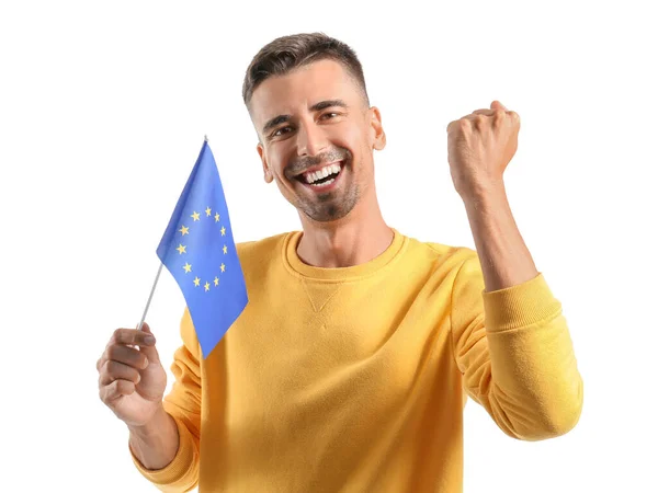 Glad Ung Man Med Europeiska Unionens Flagga Vit Bakgrund — Stockfoto