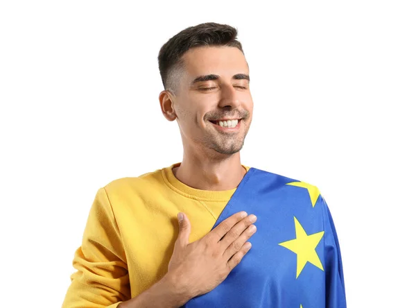 Jeune Homme Avec Drapeau Union Européenne Sur Fond Blanc — Photo