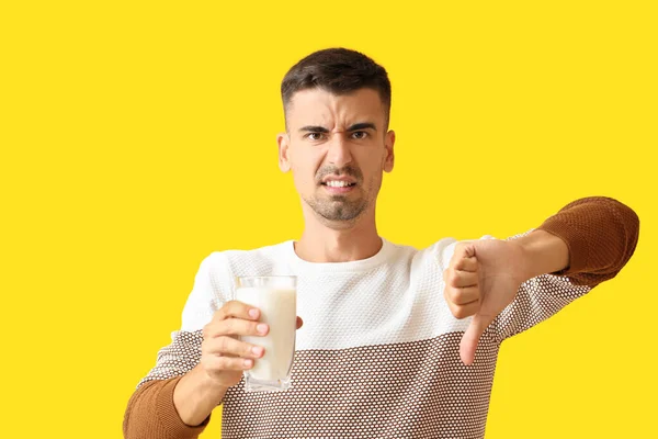 Young Man Lactose Intolerance Holding Glass Milk Showing Thumb Color — Stock Photo, Image