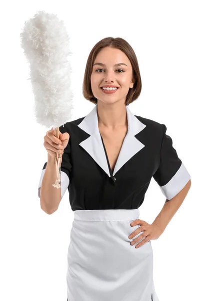 Portrait Beautiful Chambermaid Duster White Background — Stock Photo, Image