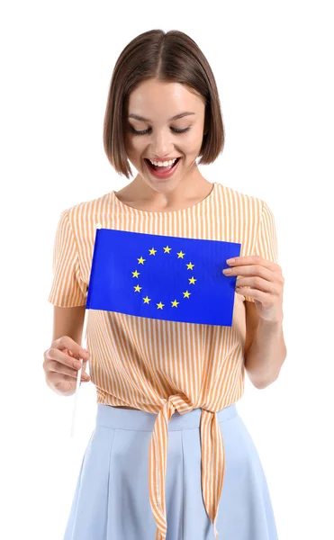 Όμορφη Νεαρή Γυναίκα Σημαία Της Ευρωπαϊκής Ένωσης Λευκό Φόντο — Φωτογραφία Αρχείου