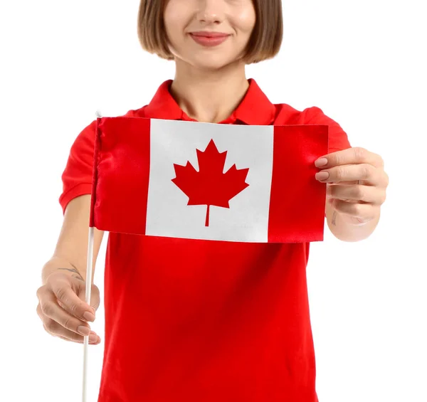 Hermosa Joven Con Bandera Canadiense Aislada Blanco — Foto de Stock