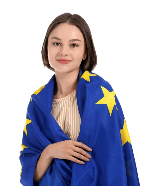 Mulher Bonita Com Bandeira União Europeia Fundo Branco — Fotografia de Stock