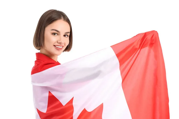 Schöne Junge Frau Mit Kanadischer Flagge Auf Weißem Grund — Stockfoto