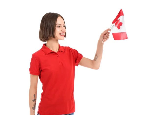 Schöne Junge Frau Mit Kanadischer Flagge Auf Weißem Grund — Stockfoto