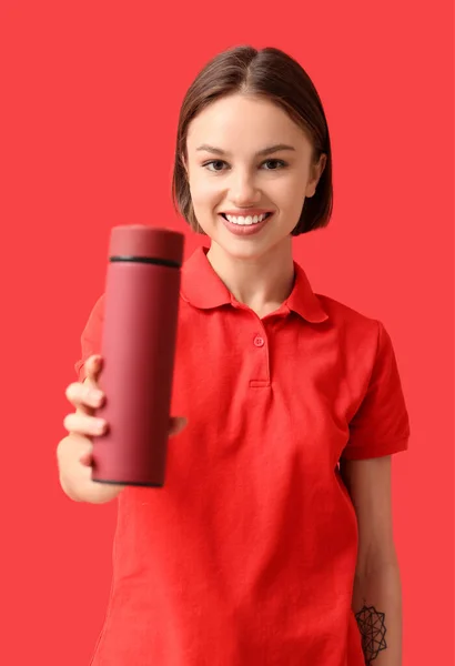 Beautiful Young Woman Thermos Color Background — Stock Photo, Image