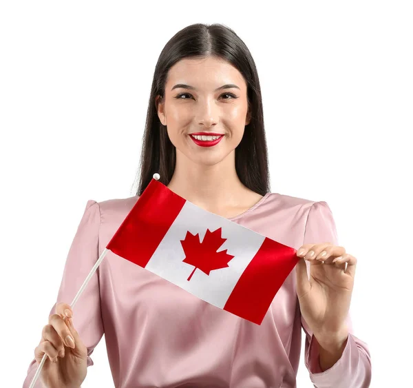 Schöne Junge Frau Mit Kanadischer Flagge Auf Weißem Grund — Stockfoto