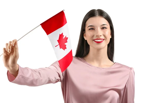Vacker Ung Kvinna Med Kanadensisk Flagga Isolerad Vit — Stockfoto