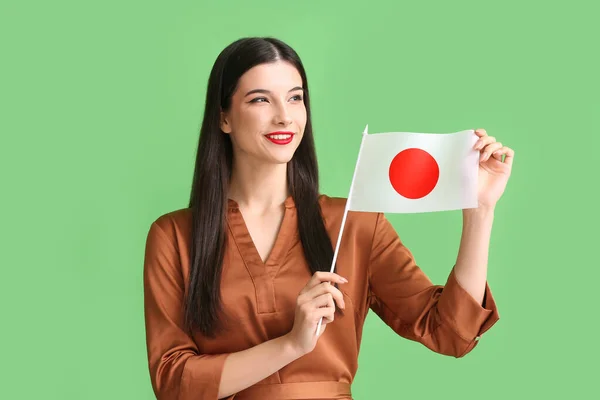Гарна Молода Жінка Прапором Японії Кольоровому Тлі — стокове фото