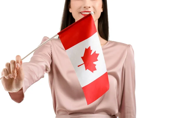 Mulher Bonita Com Bandeira Canadense Isolada Branco — Fotografia de Stock