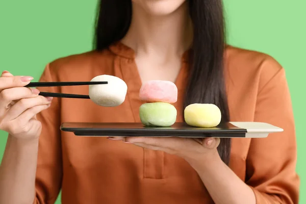 Beautiful Young Woman Tasty Japanese Mochi Color Background Closeup — Stock Photo, Image