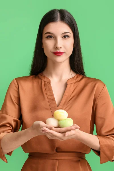Beautiful Young Woman Tasty Japanese Mochi Color Background — Stock Photo, Image