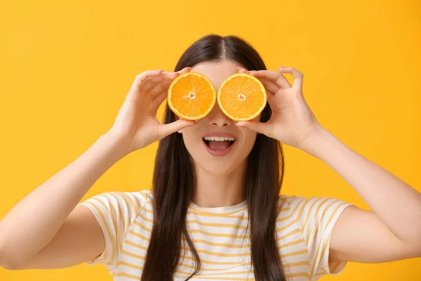 Funny Young Woman Orange Color Background — Stock Photo, Image