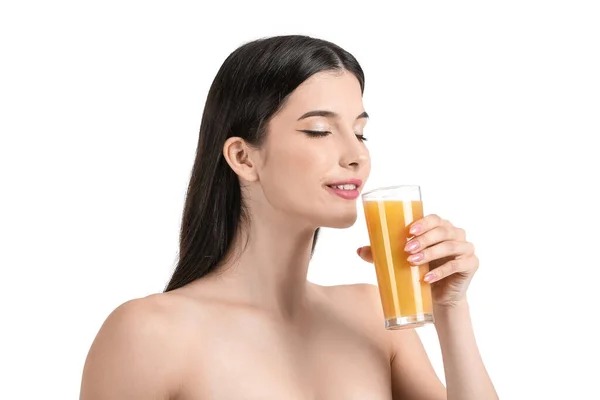Mooie Vrouw Drinken Citrus Sap Witte Achtergrond — Stockfoto