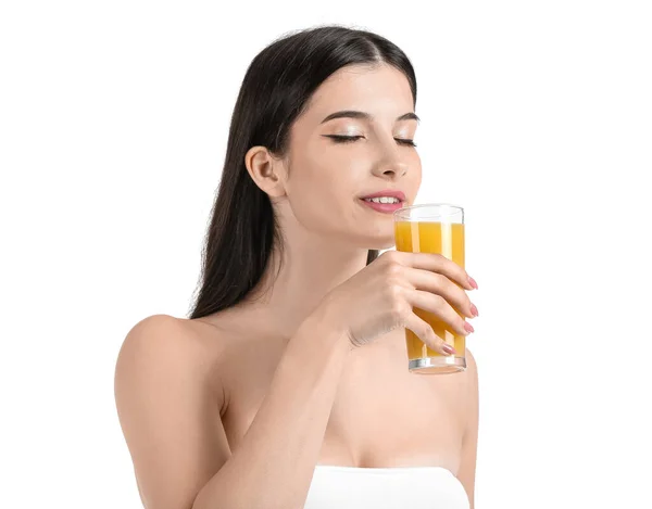 Beautiful Woman Drinking Citrus Juice White Background — Stock Photo, Image