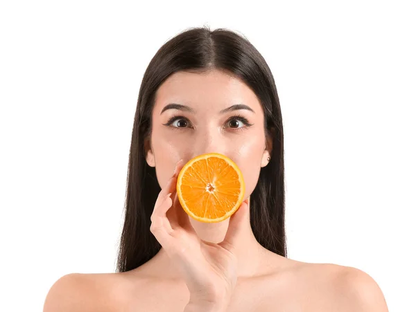 Surprised Young Woman Orange White Background — Stock Photo, Image