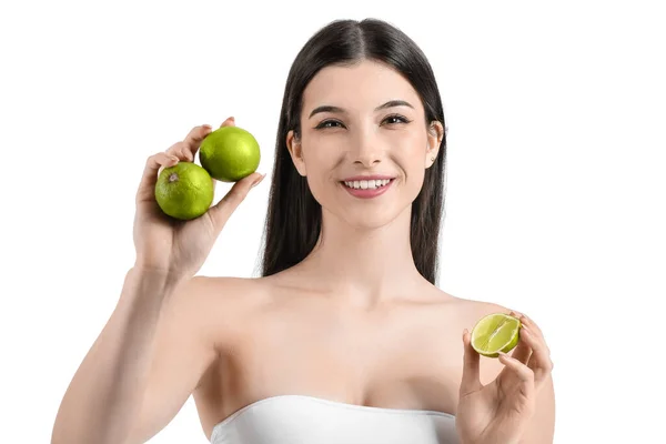 Pretty Young Woman Limes White Background — Stock Photo, Image