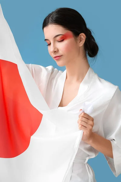 Bella Giovane Donna Con Bandiera Del Giappone Sfondo Colori — Foto Stock
