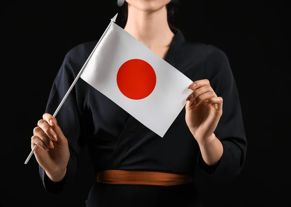 Schöne Junge Frau Mit Der Flagge Japans Auf Schwarzem Hintergrund — Stockfoto