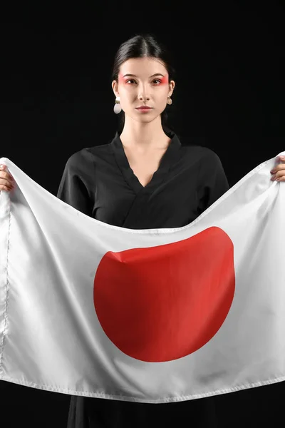 Beautiful Young Woman Flag Japan Black Background — Stock Photo, Image