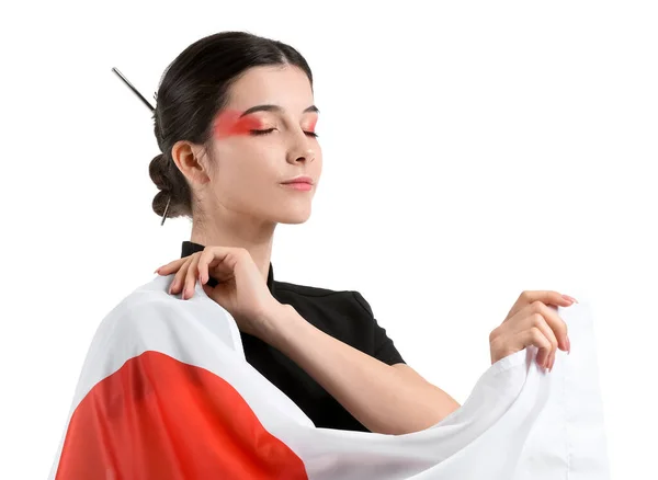 Piękna Młoda Kobieta Flagą Japonii Odizolowana Biało — Zdjęcie stockowe