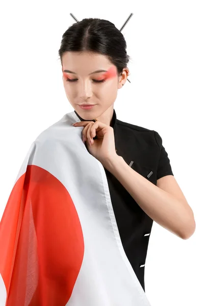 Молода Красива Жінка Японським Прапором Білому — стокове фото