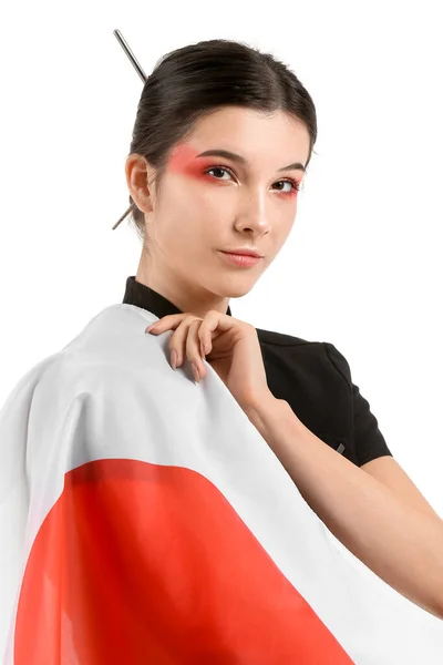 Όμορφη Νεαρή Γυναίκα Σημαία Της Ιαπωνίας Απομονωμένη Λευκό — Φωτογραφία Αρχείου