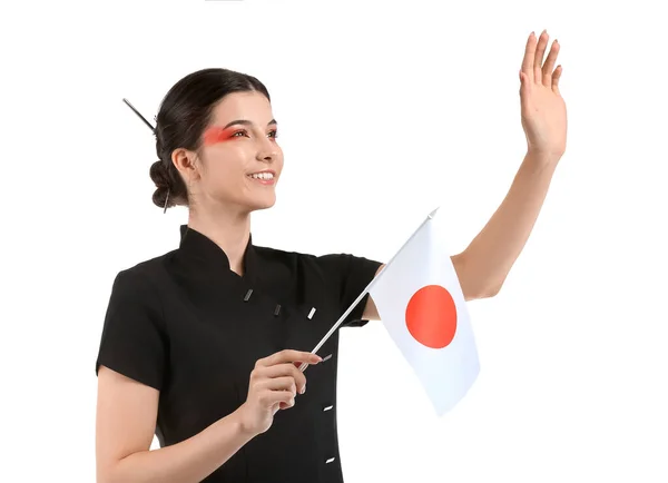 Jovem Bonita Com Bandeira Japão Isolada Branco — Fotografia de Stock