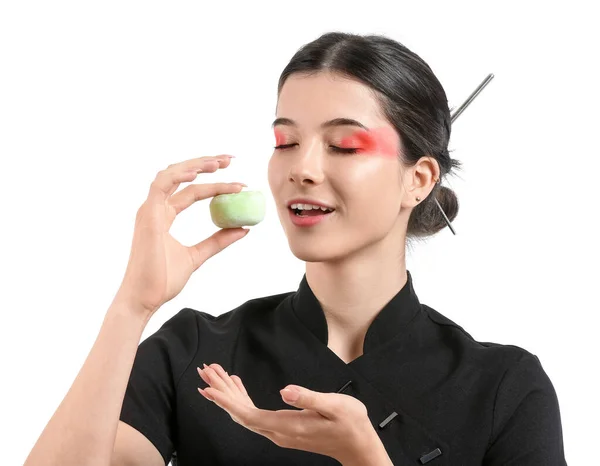 Beautiful Young Woman Eating Tasty Japanese Mochi Isolated White — Stock Photo, Image