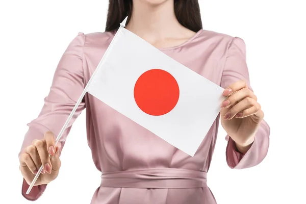 Schöne Junge Frau Mit Flagge Von Japan Isoliert Auf Weiß — Stockfoto