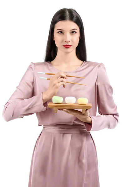 Beautiful Young Woman Tasty Japanese Mochi Isolated White — Stock Photo, Image