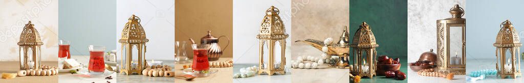 Traditional Muslim lamps with tea and dates. Ramadan celebration