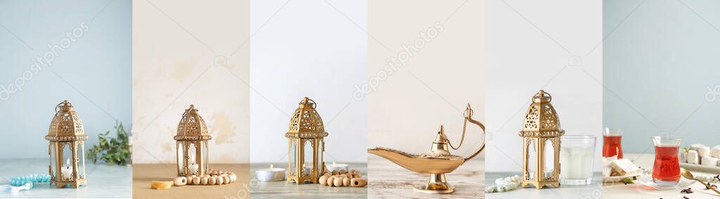 Traditional Muslim lamps with tea and tasbih on light background. Ramadan celebration