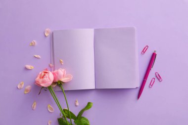 Boş defter, kalem ve gül çiçekli kompozisyon