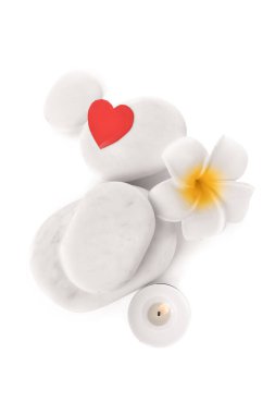 Doğal spa taşları, yanan mum ve beyaz arka planda izole edilmiş çiçek. Sevgililer Günü kutlaması