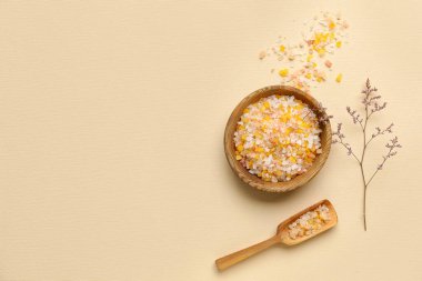 Renkli arka planda kase ve kepçe deniz tuzu ile kompozisyon