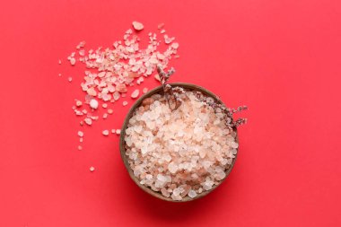 Kırmızı arkaplanda bir kase deniz tuzu.